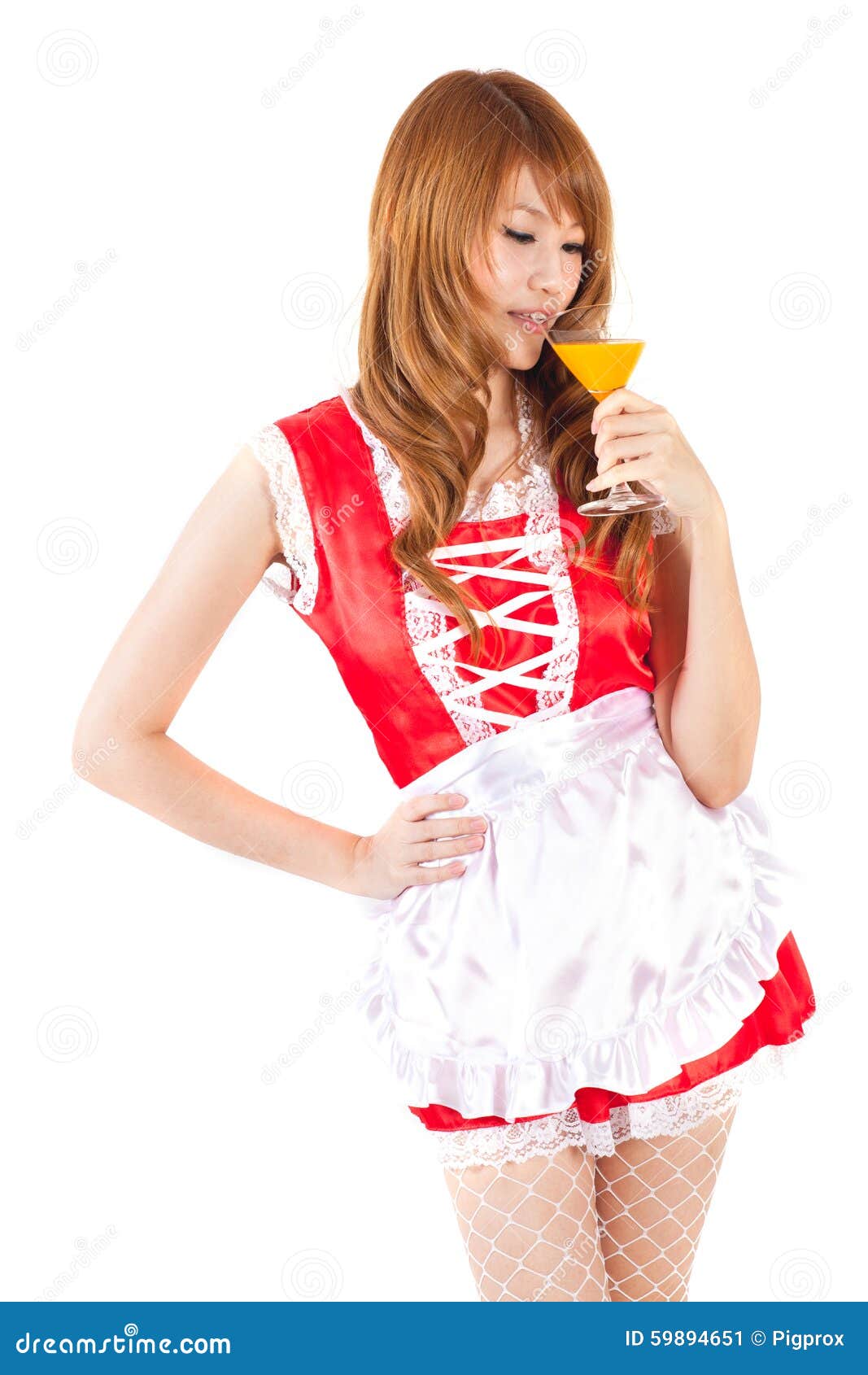 Cosplay of Maid Drink Orange Juice Glass on White Backgound. Stock ...