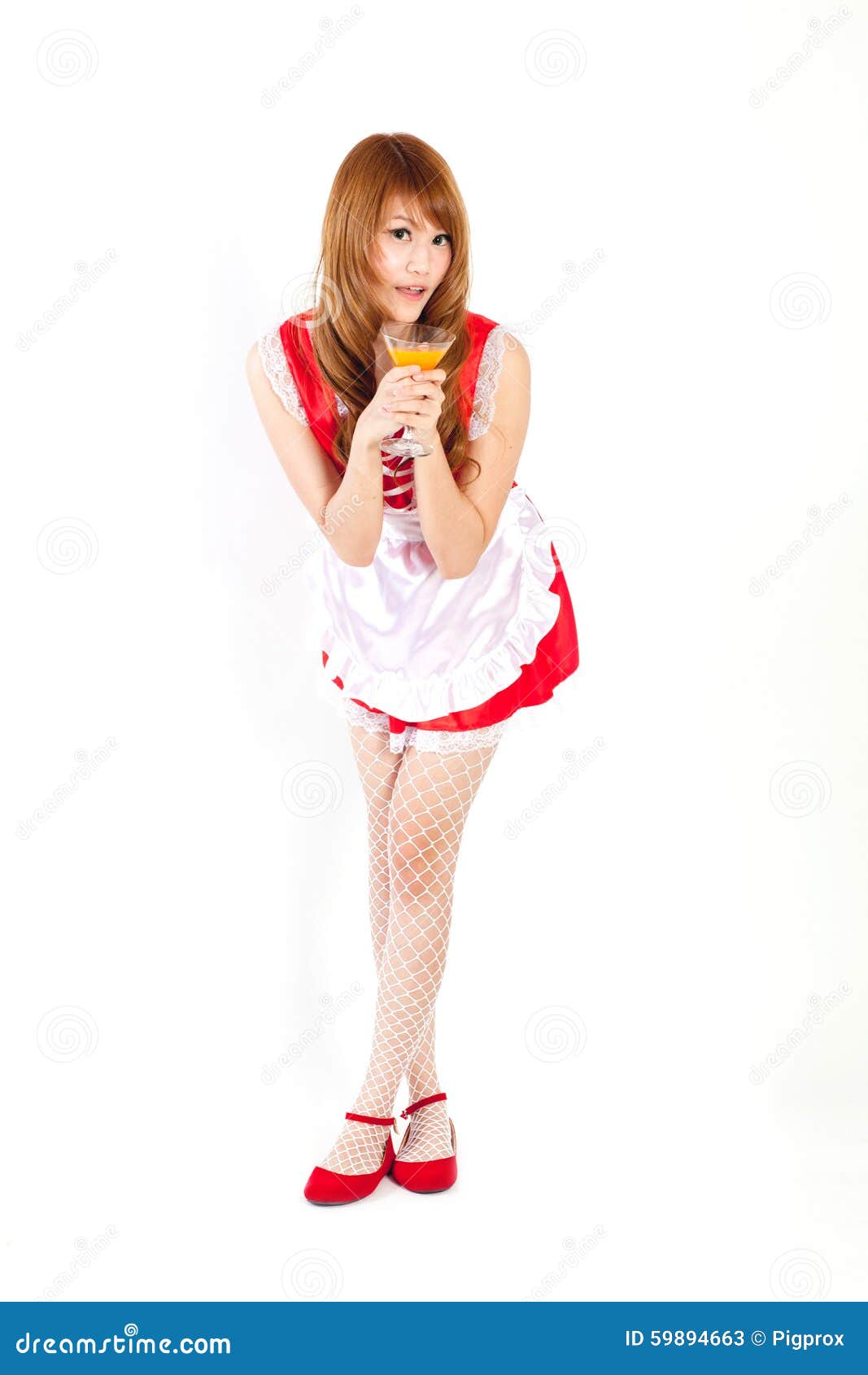 Cosplay of Maid Drink Orange Juice Glass on White Backgound. Stock ...