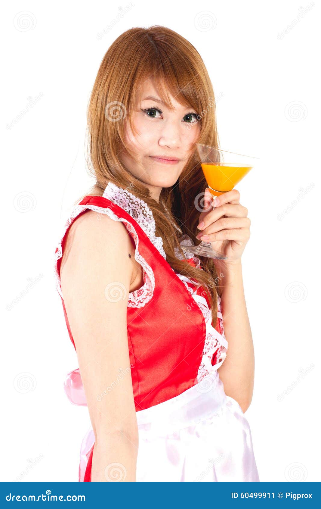 Cosplay of Maid Drink Orange Juice Glass on White Backgound. Stock ...