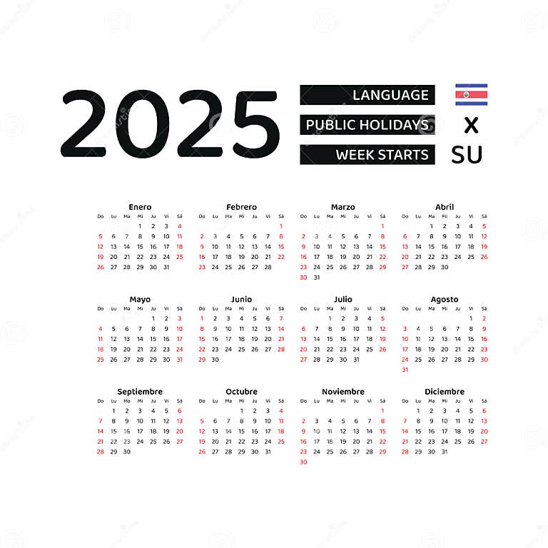 Costa Rica Calendar 2025. Week Starts from Sunday. Vector Graphic Design Stock Illustration
