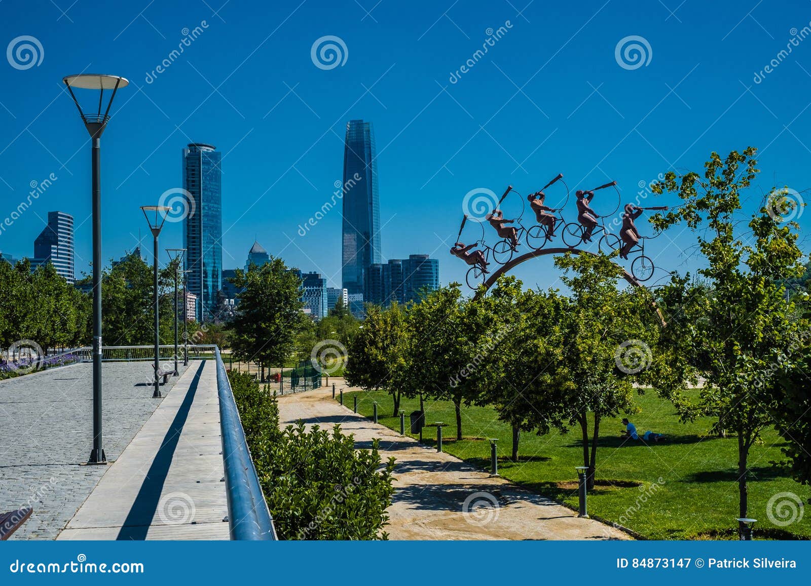 costanera center and skyline in santiago, chile with park and mo