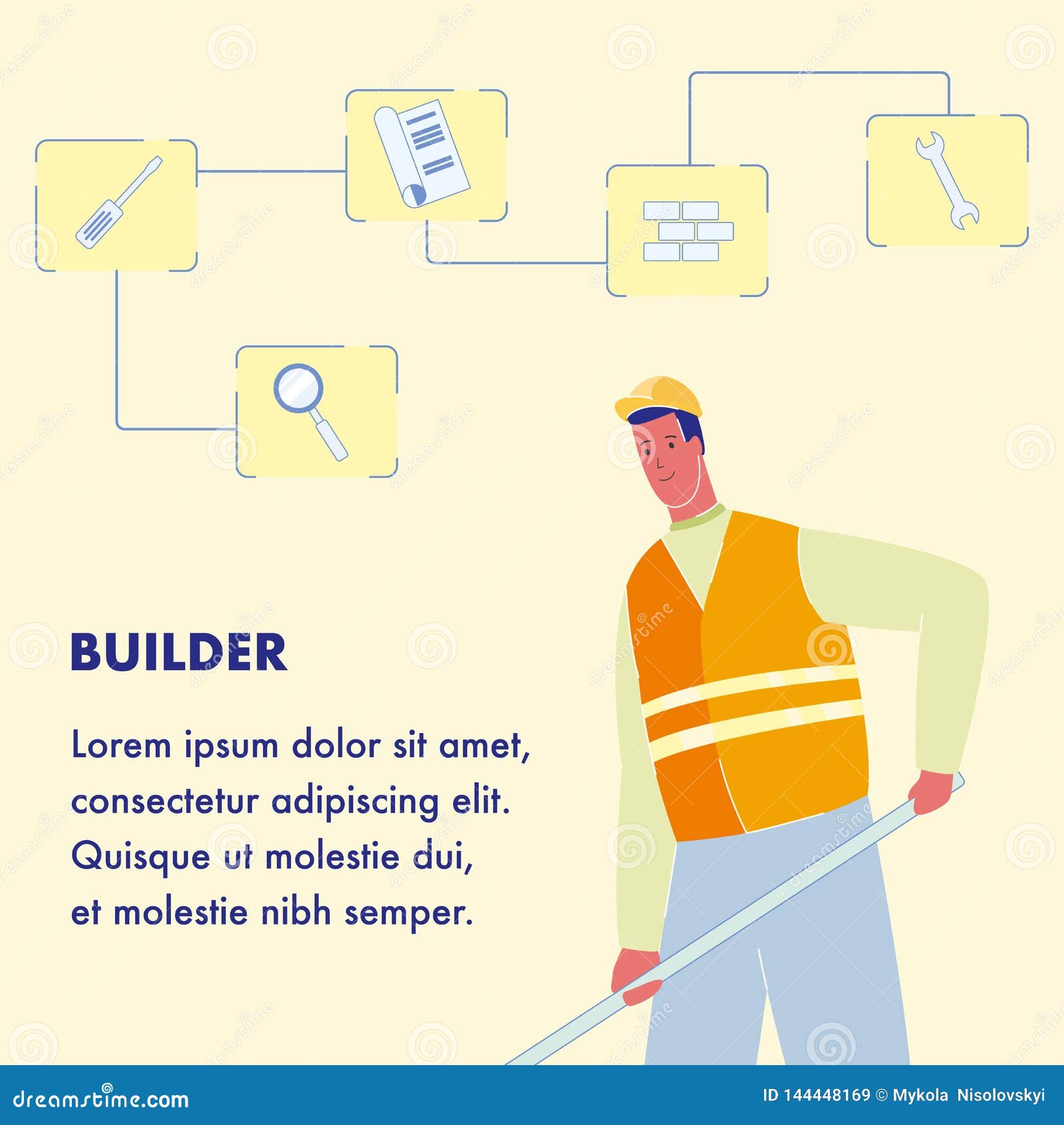 Costruttore Vector Poster Template con lo spazio del testo Simboli della costruzione Tuttofare con la pala Strumenti, strumenti Lavoratore in casco e rivestimento arancio Parete di mattoni o magnifier