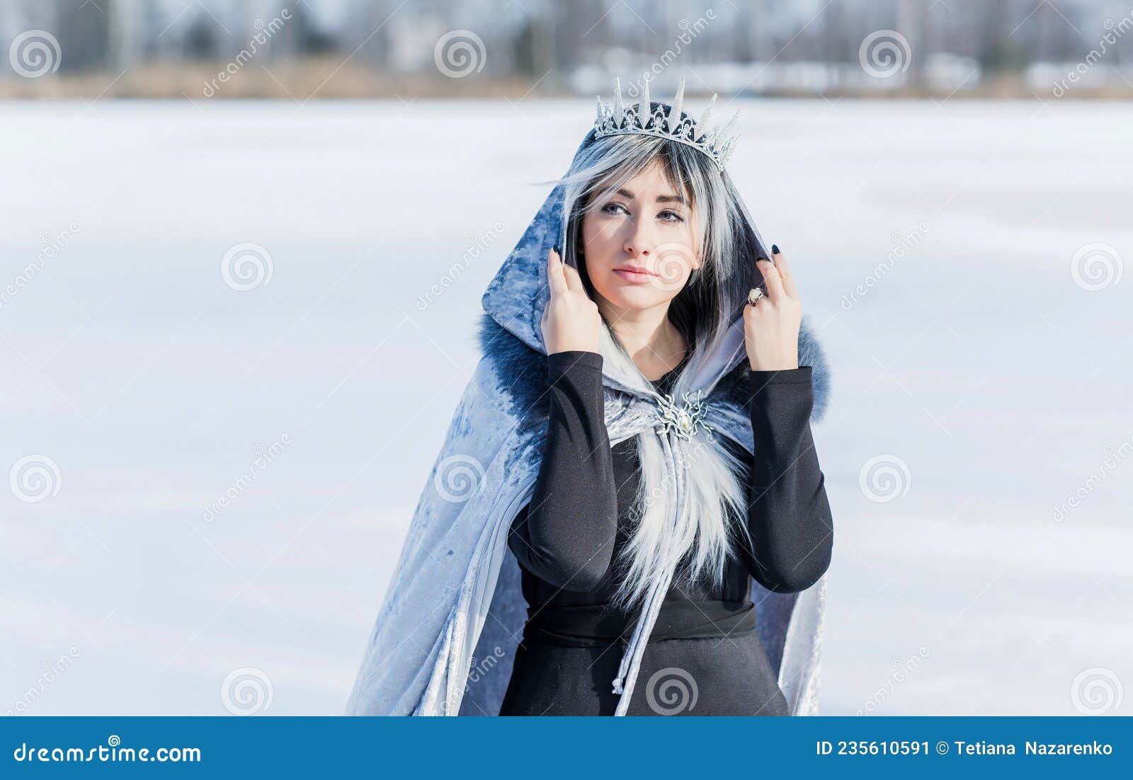 Fantaisie beauté femme princesse. Reine des neiges se tient bleu