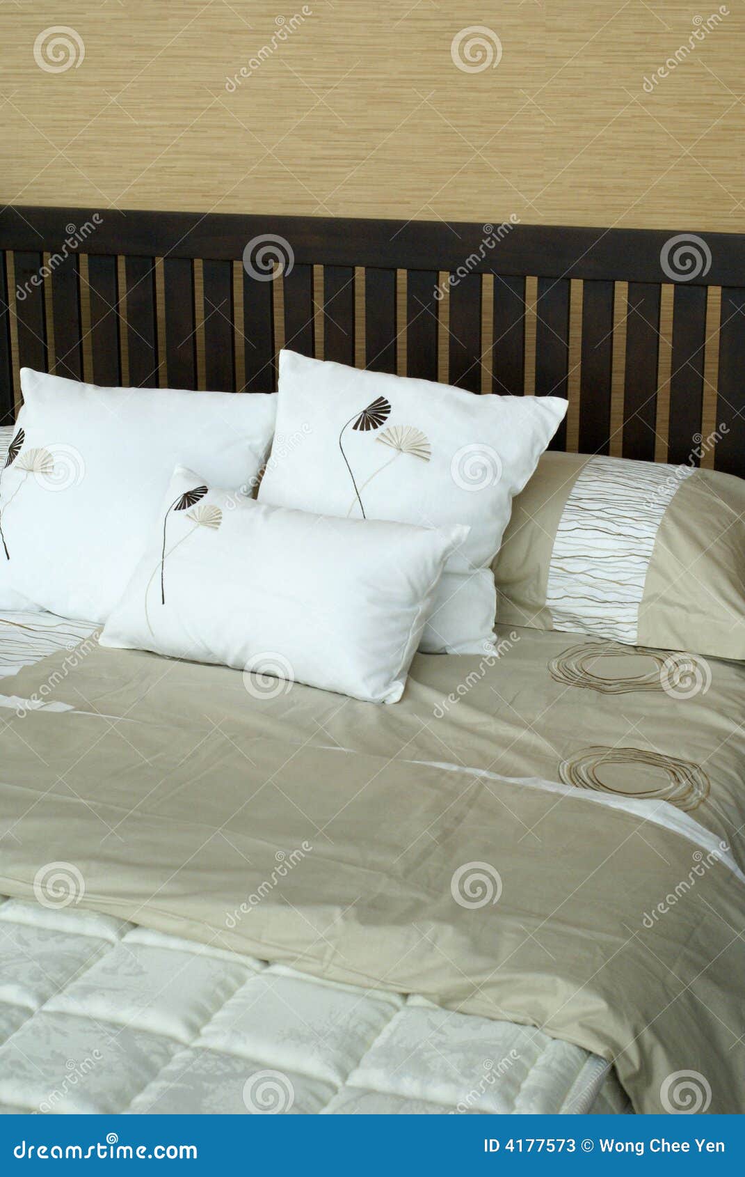 Cosy bed with pillows stock image. Image of still, wooden 4177573