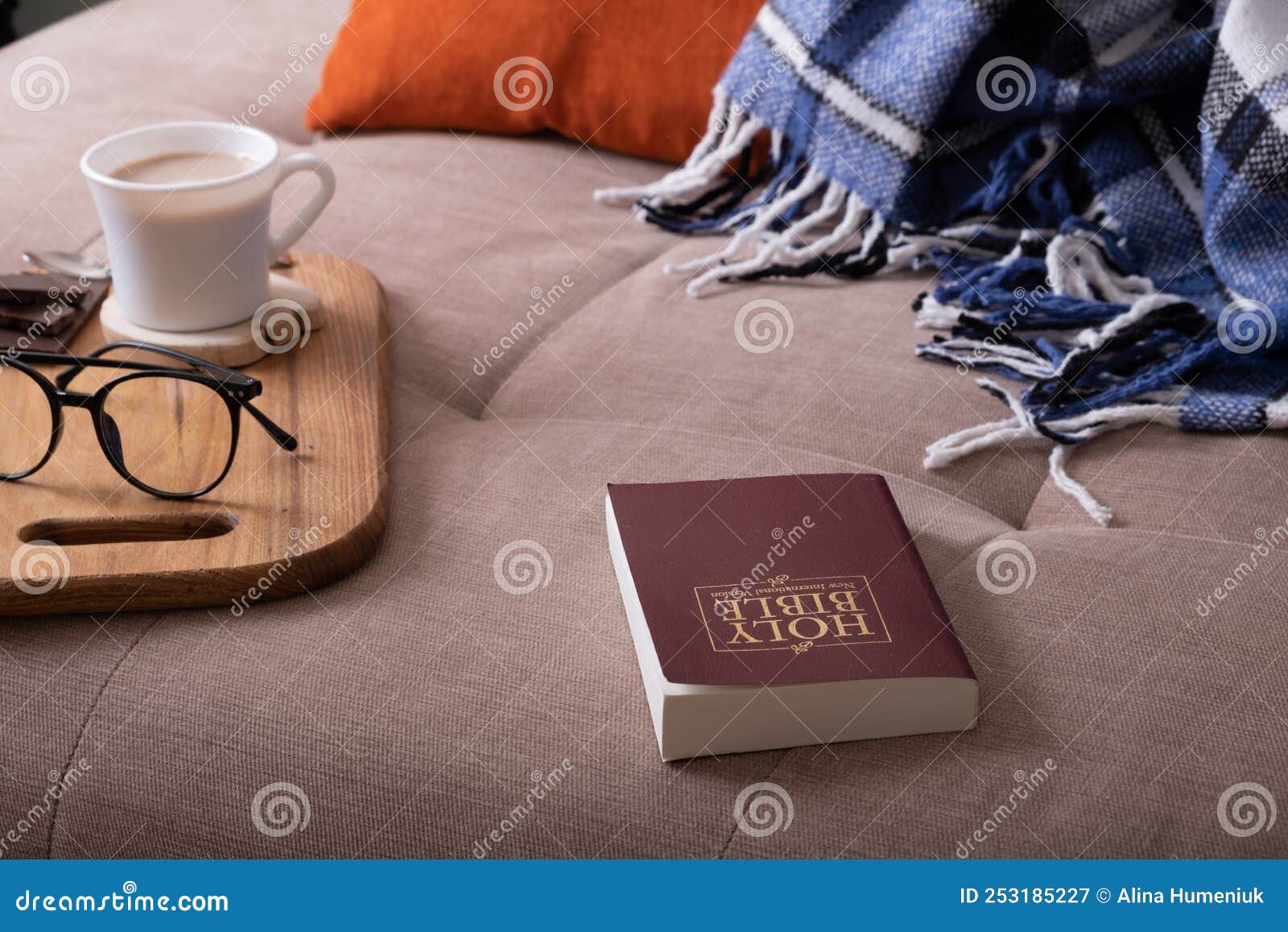 Cosy Home Plase on Sofa for Bible Reading with Plaid and Coffee Cup