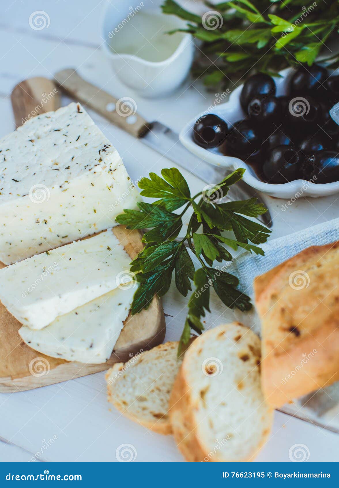 Cottage Cheese With Baguette And Olives Stock Image Image Of