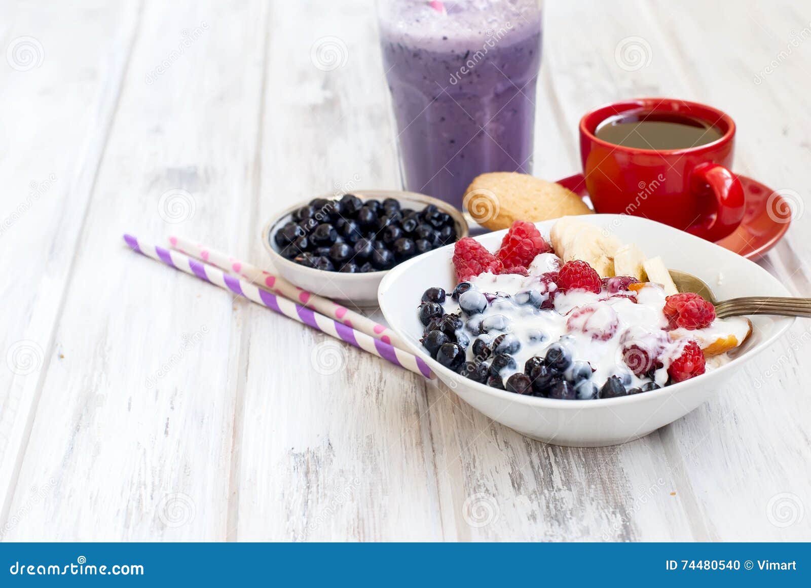 Cottage Cheese With Berries Smoothies And Coffee For Breakfast