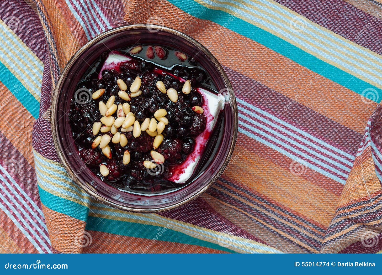 Cottage Cheese with Berry Sauce and Pine Nuts Stock Photo Image of