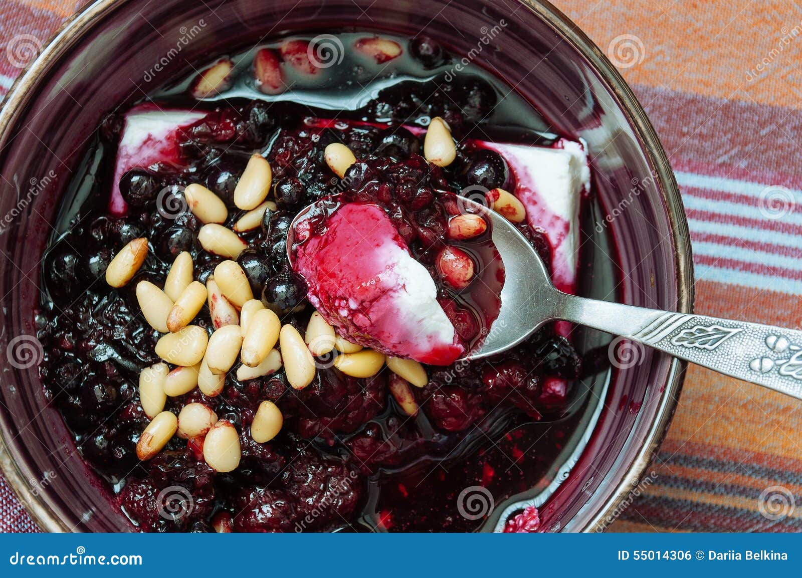 Cottage Cheese with Berry Sauce and Pine Nuts Stock Photo Image of