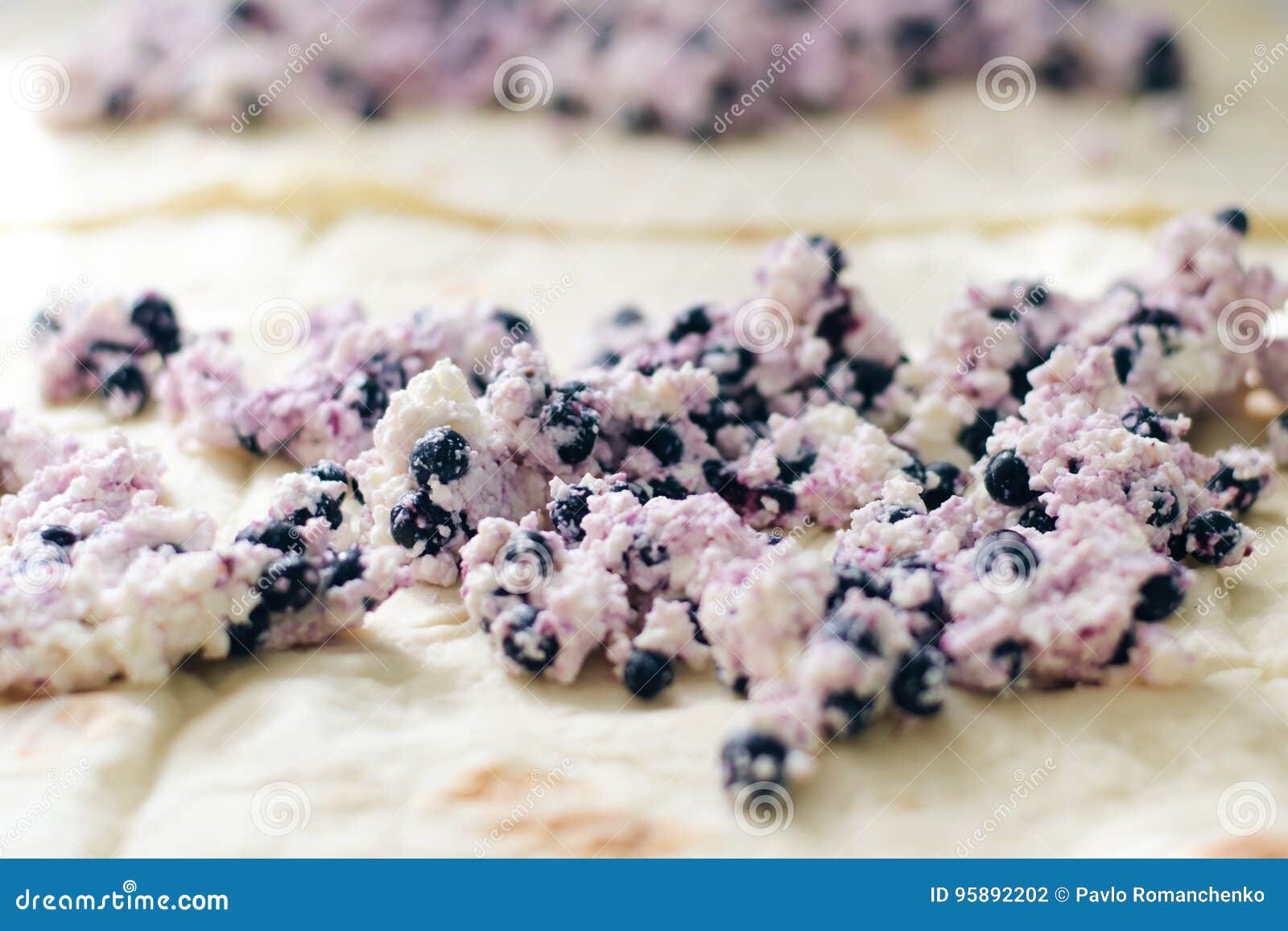 Cottage Cheese and Blueberry Lying on a Thin Dough, Selective Focus Stock Photo Image of