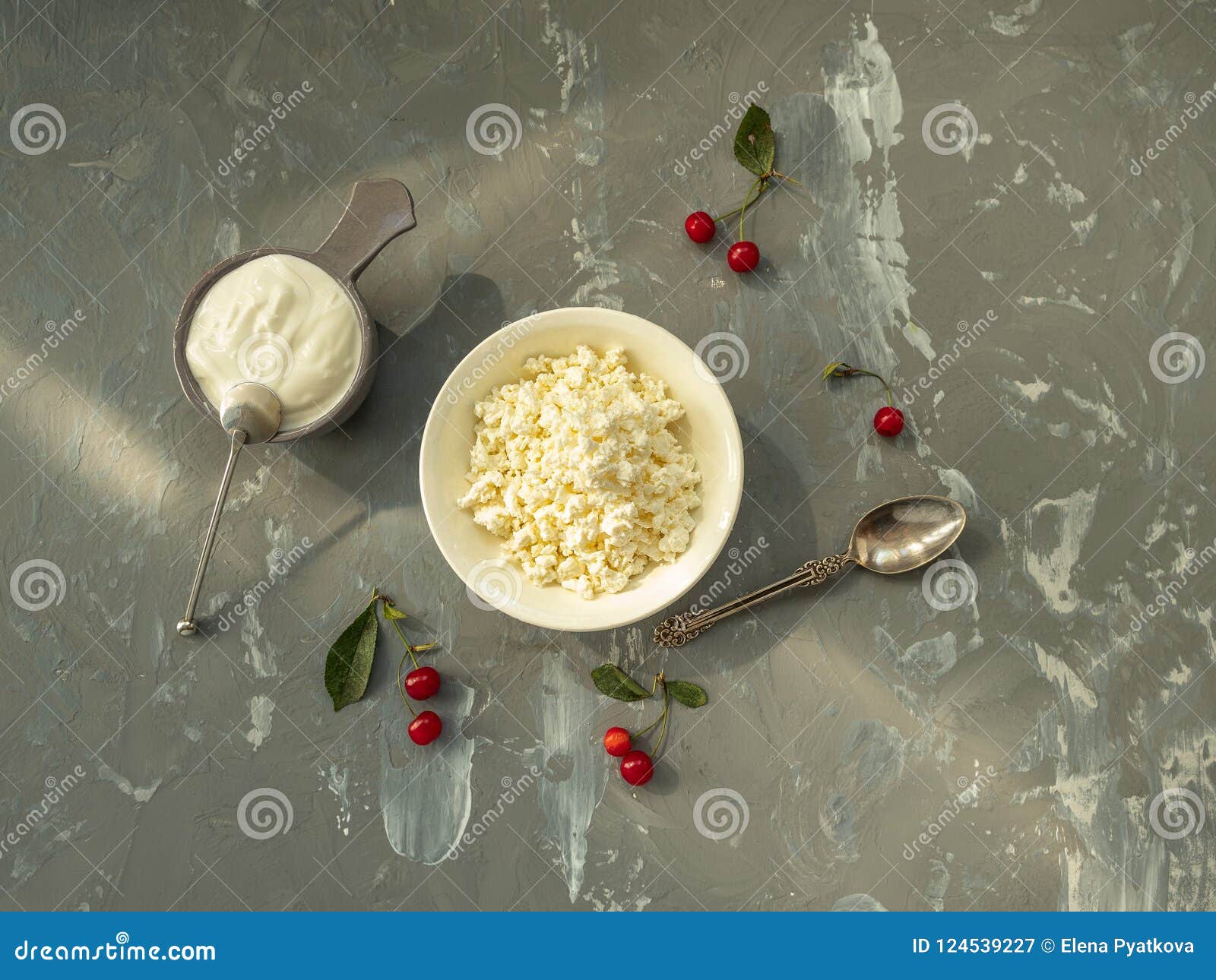 Cottage Cheese In A Bowl Change In A Klemanka Spoon Stock Image