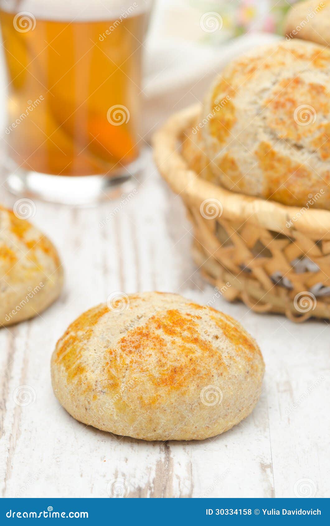 Cottage Cheese Bread Rolls and a Cup of Tea Closeup Stock Photo Image