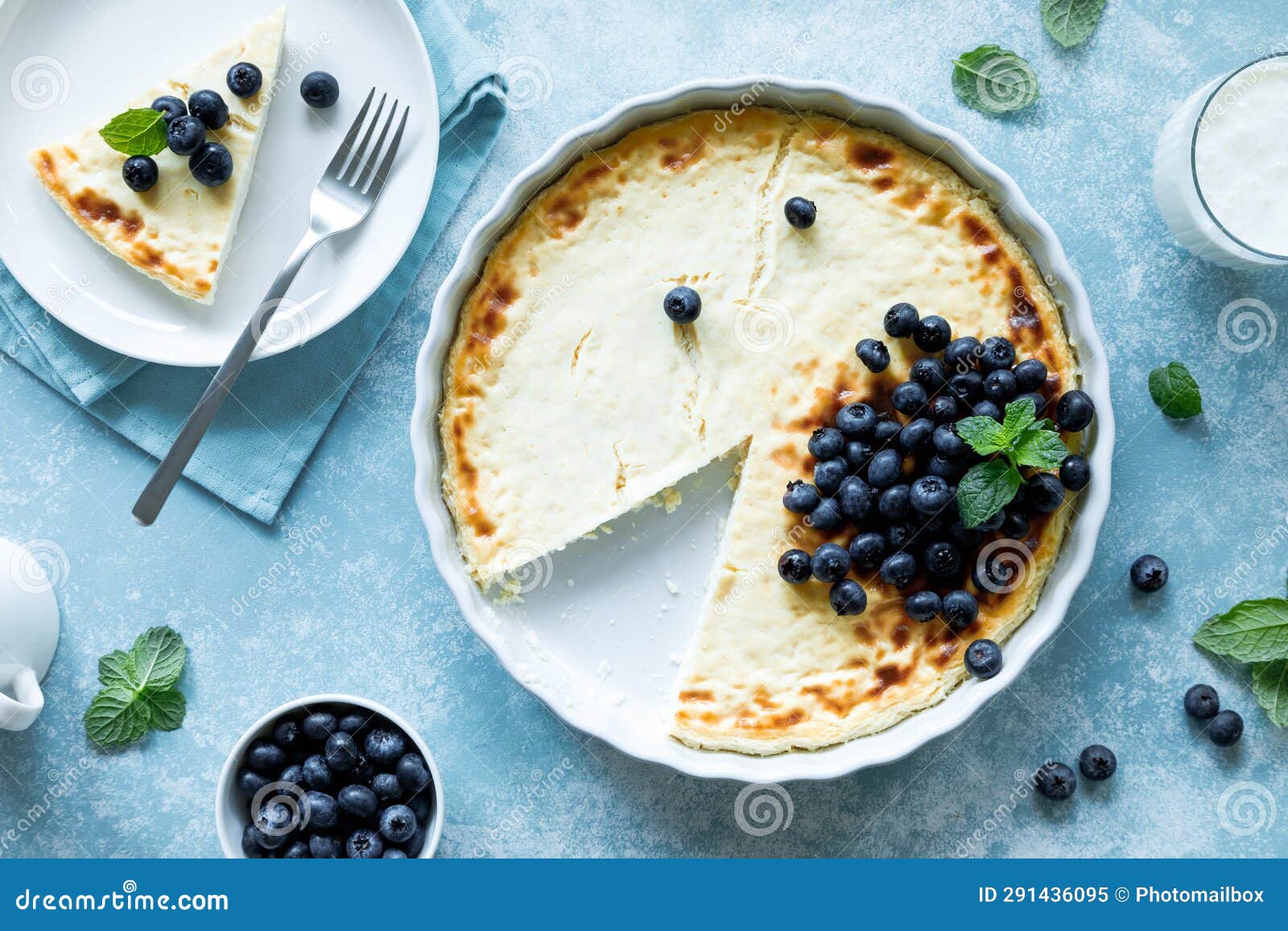 Cottage Cheese Cheesecake with Fresh Blueberry, Top Down View Stock