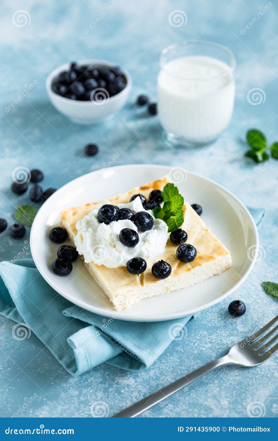 Cottage Cheese Cheesecake Slice with Fresh Blueberry Stock Photo