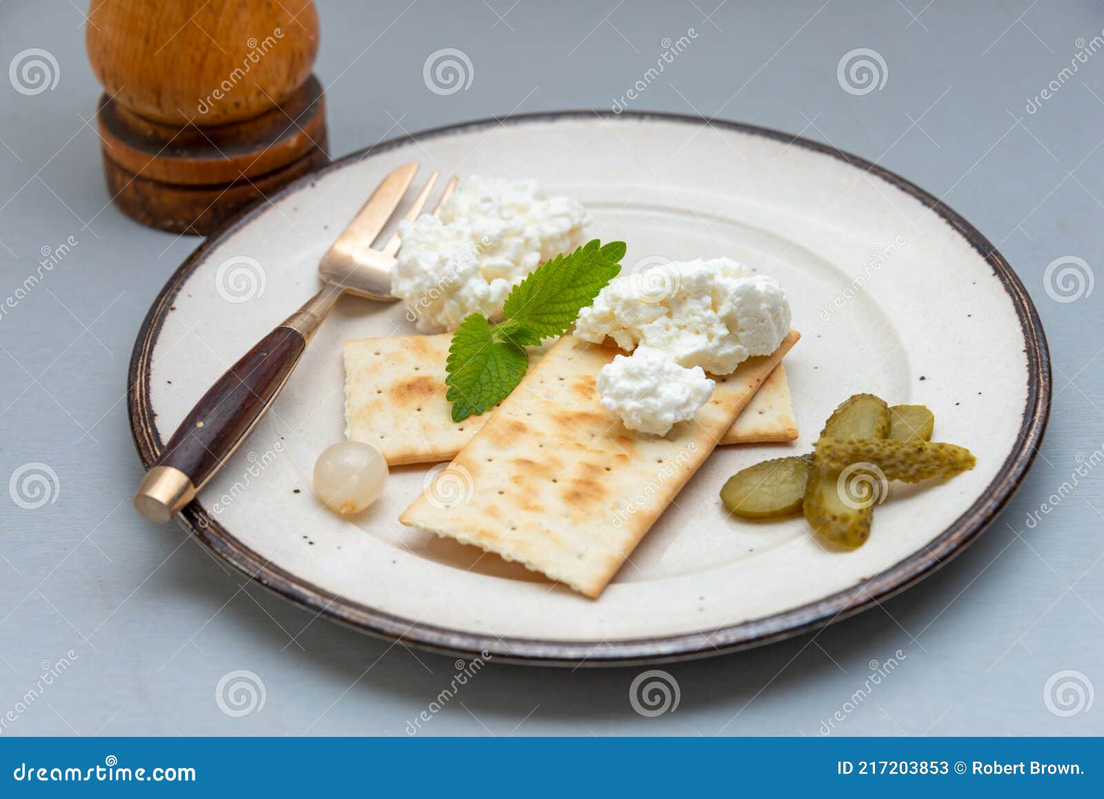 Cottage Cheese and Crackers on a Plate with Pickles , Diet or Snack