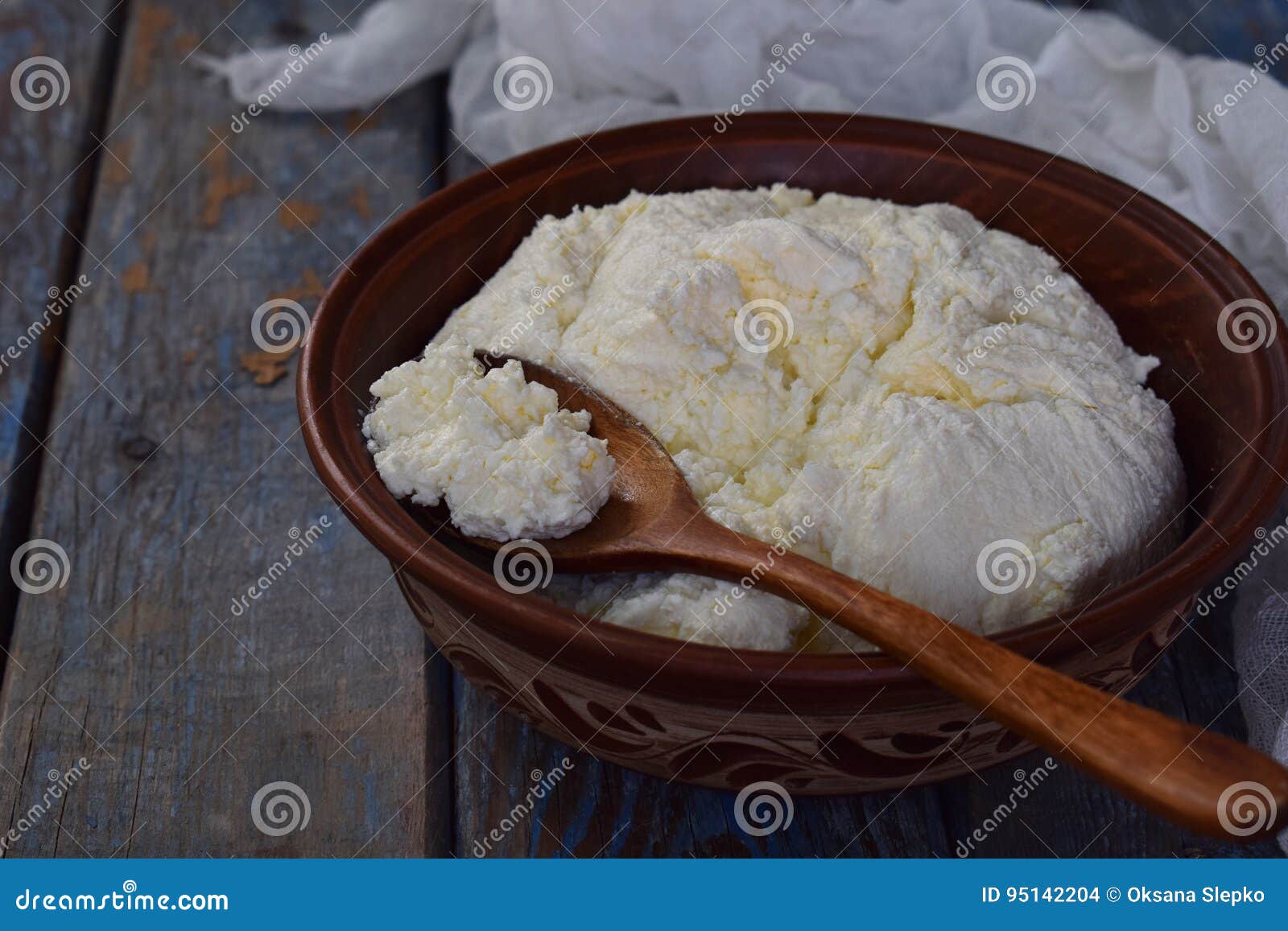 Cottage Cheese From Curdled Milk Or Yoghurt In A Clay Bowl On A