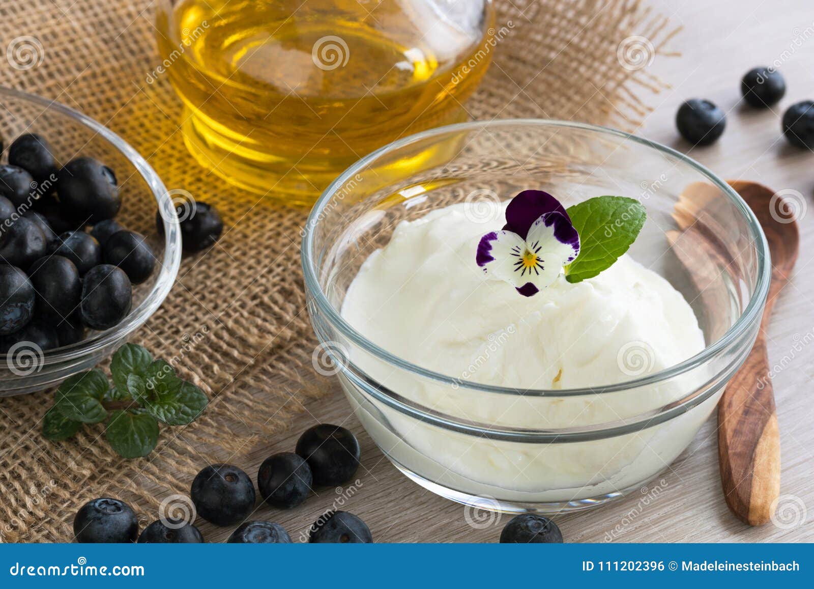 Cottage Cheese With Flax Seed Oil And Blueberries Stock Photo