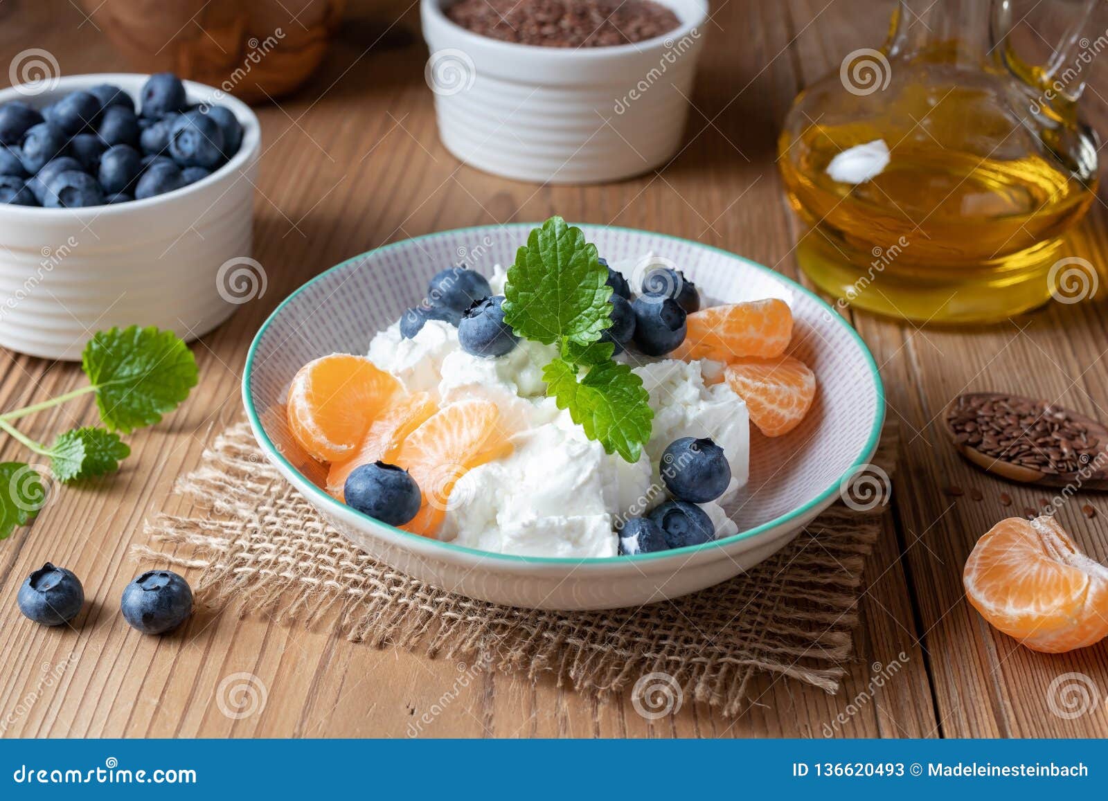 Cottage Cheese with Fresh Fruit and Flax Seed Oil Stock Image Image