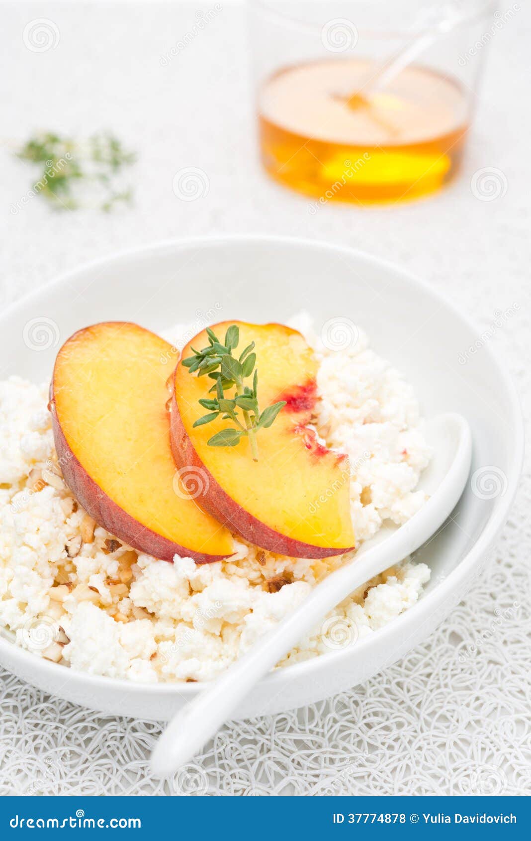 Cottage Cheese with Honey, Nuts, Fresh Peaches and Thyme Stock Photo Image of meal, fruit