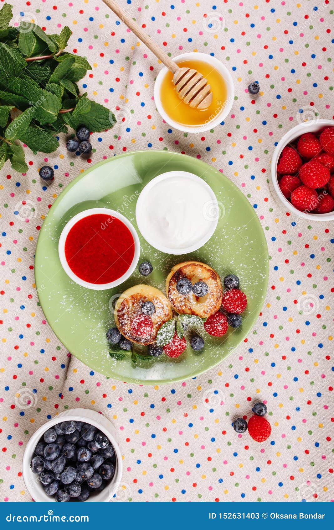 cottage cheese pancake breakfast top down flat lay
