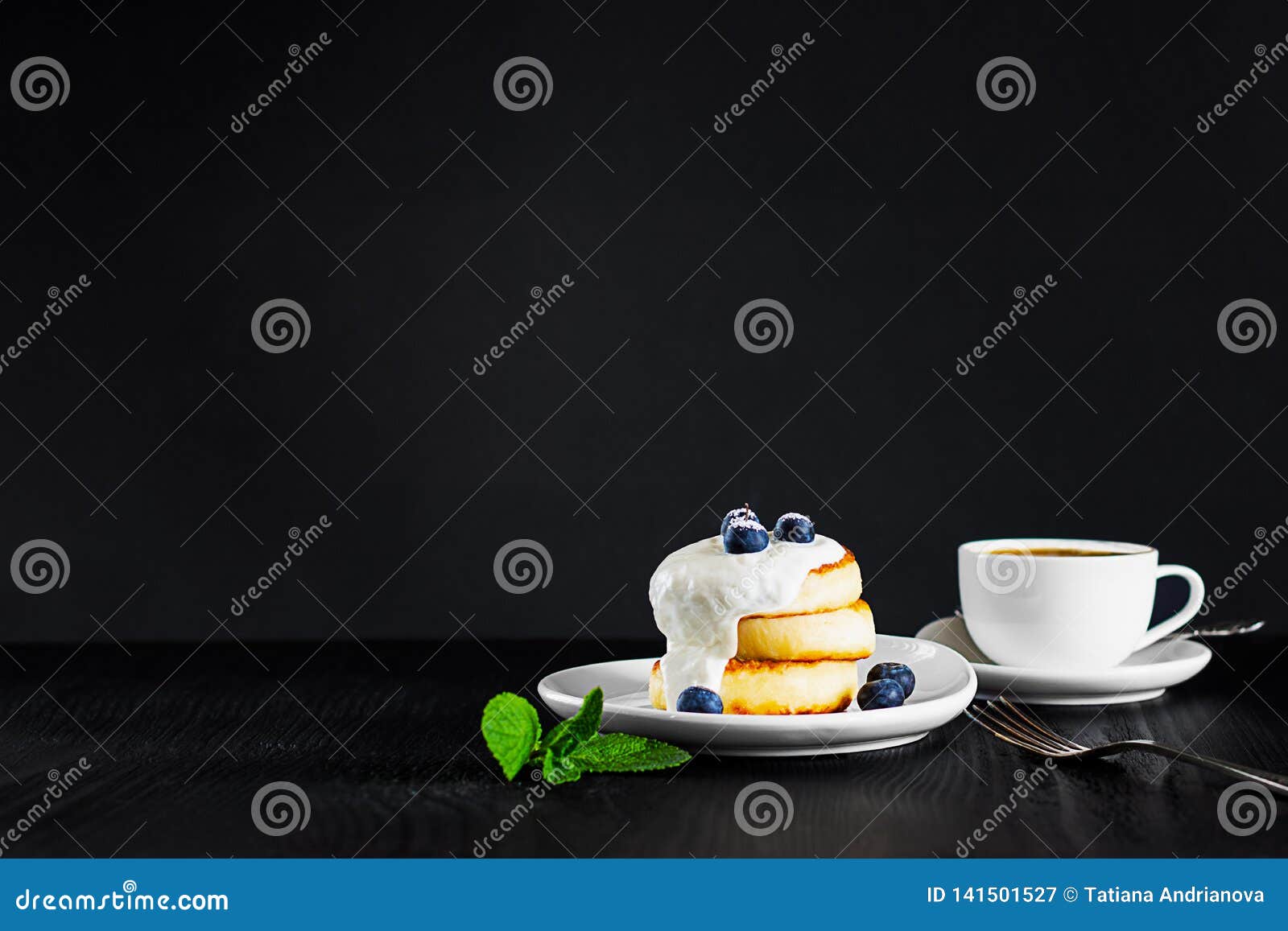 Download Cottage Cheese Pancakes One On Another Topped With Cream, Blueberries And Sugar Powder And Cup ...