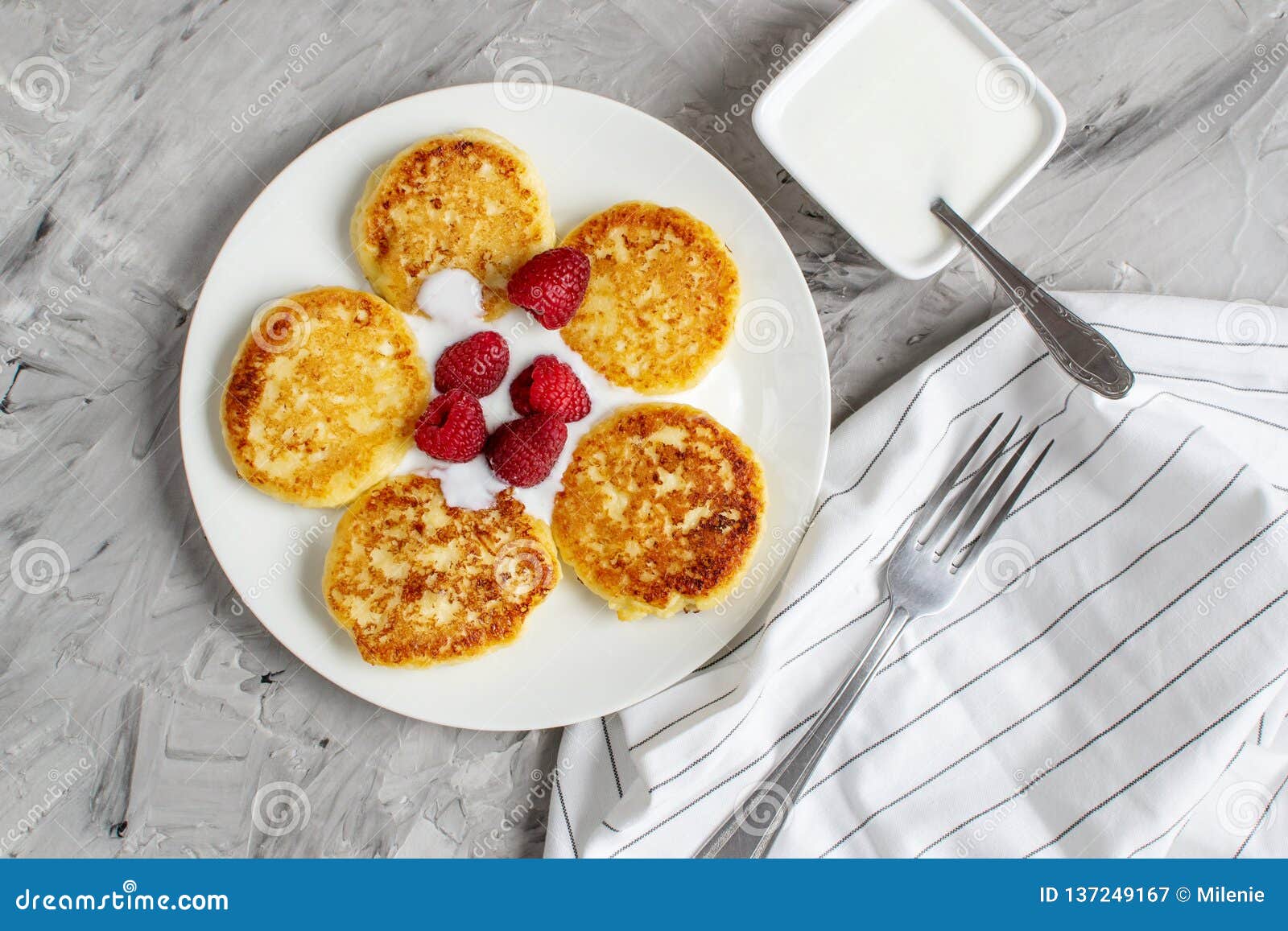 Cottage Cheese Pancakes With Raspberries Healthy Breakfast Stock