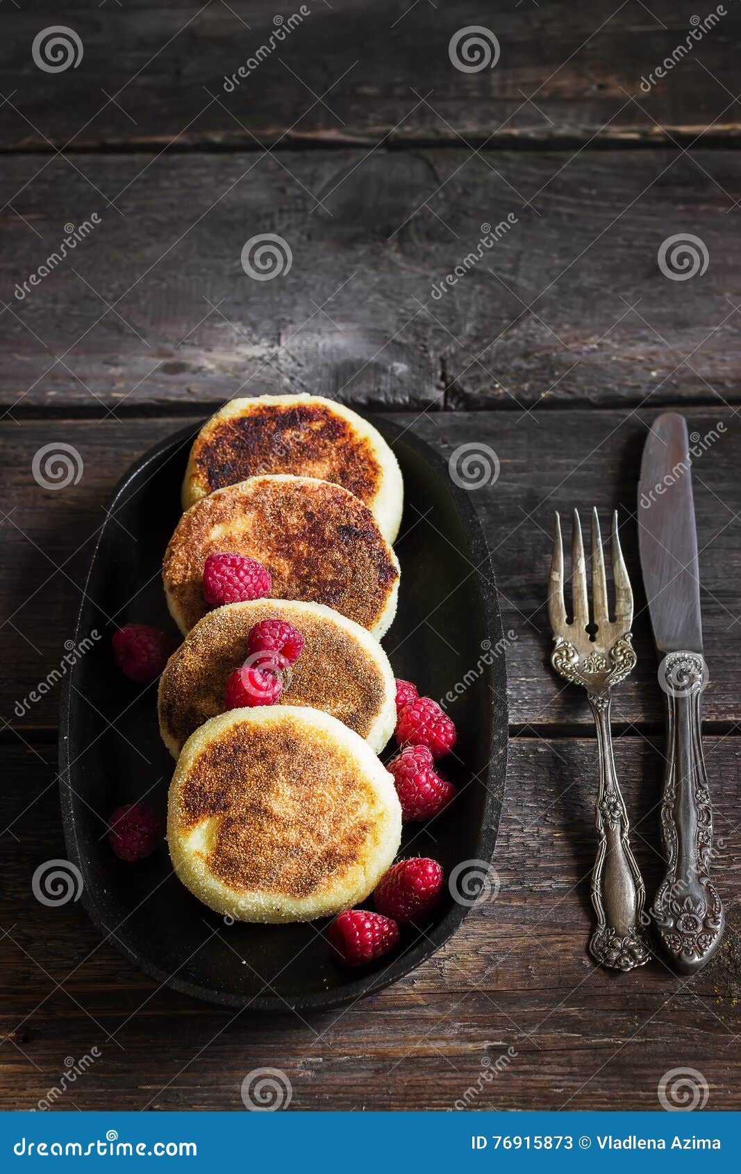 Cottage Cheese Pancakes With Raspberries On Old Iron Pan Stock