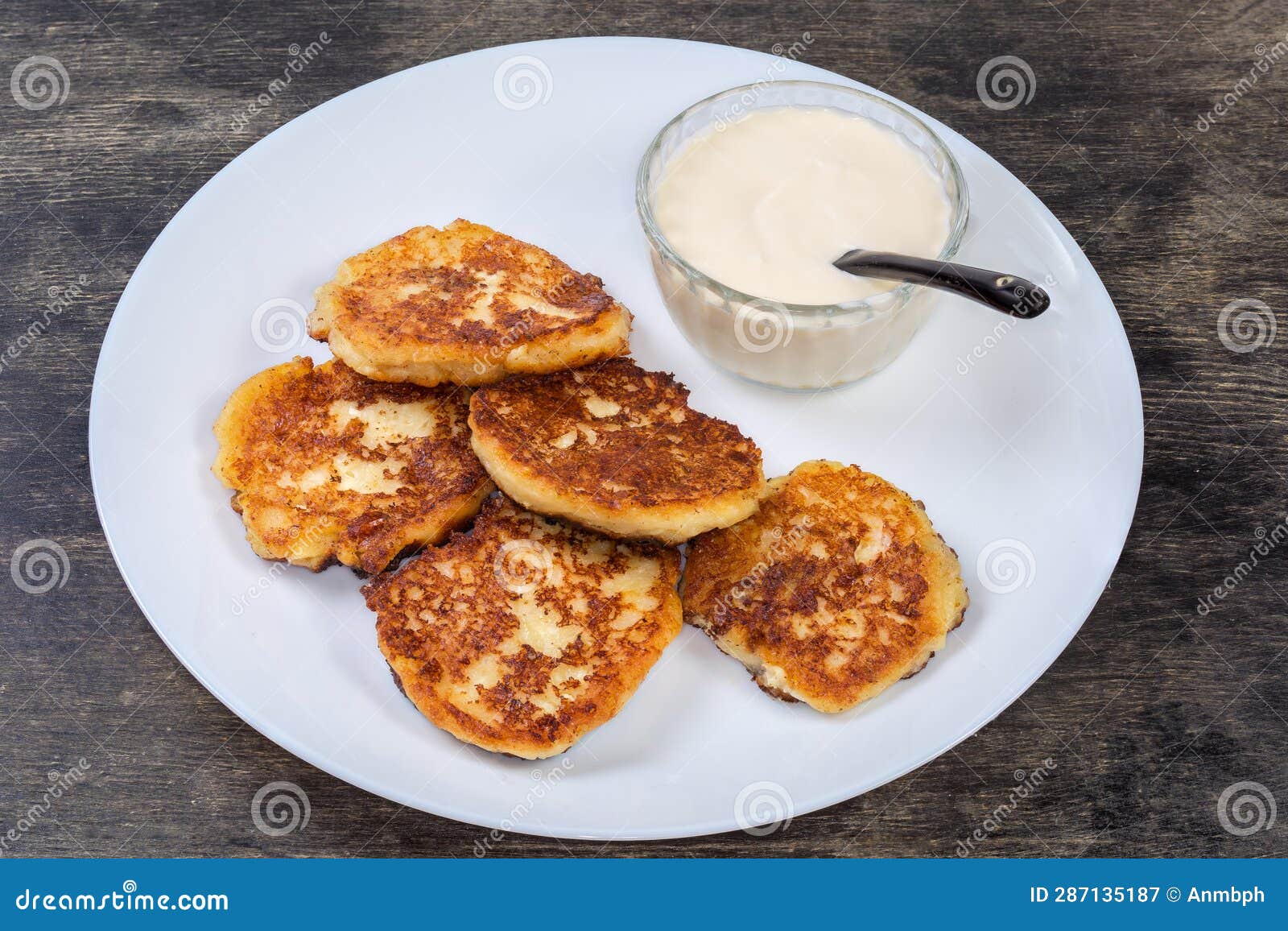 Cottage Cheese Pancakes with Sour Cream on the Dish Stock Image Image