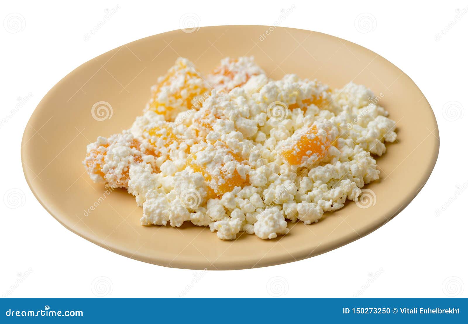 Cottage Cheese With Peaches On A Plate Isolated On White