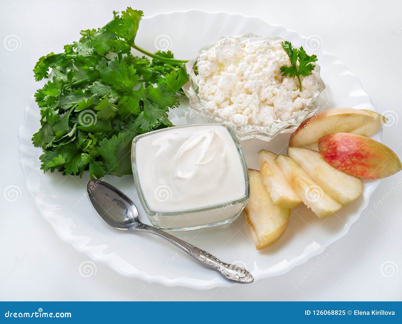 Cottage Cheese Sour Cream Cilantro Slices Of Apple On A White