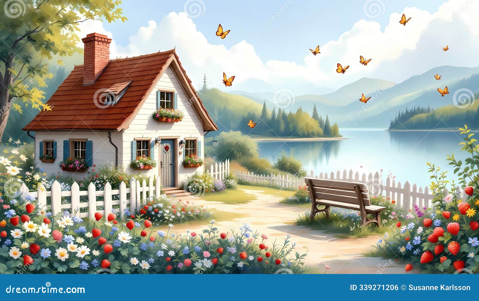 lakeside cottage idyll with flowers and straberries