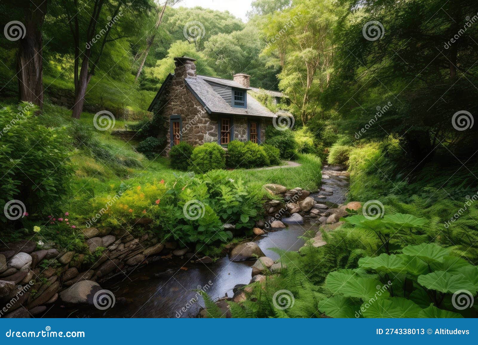 Cottage Surrounded by Lush Greenery and Babbling Brook Stock Image