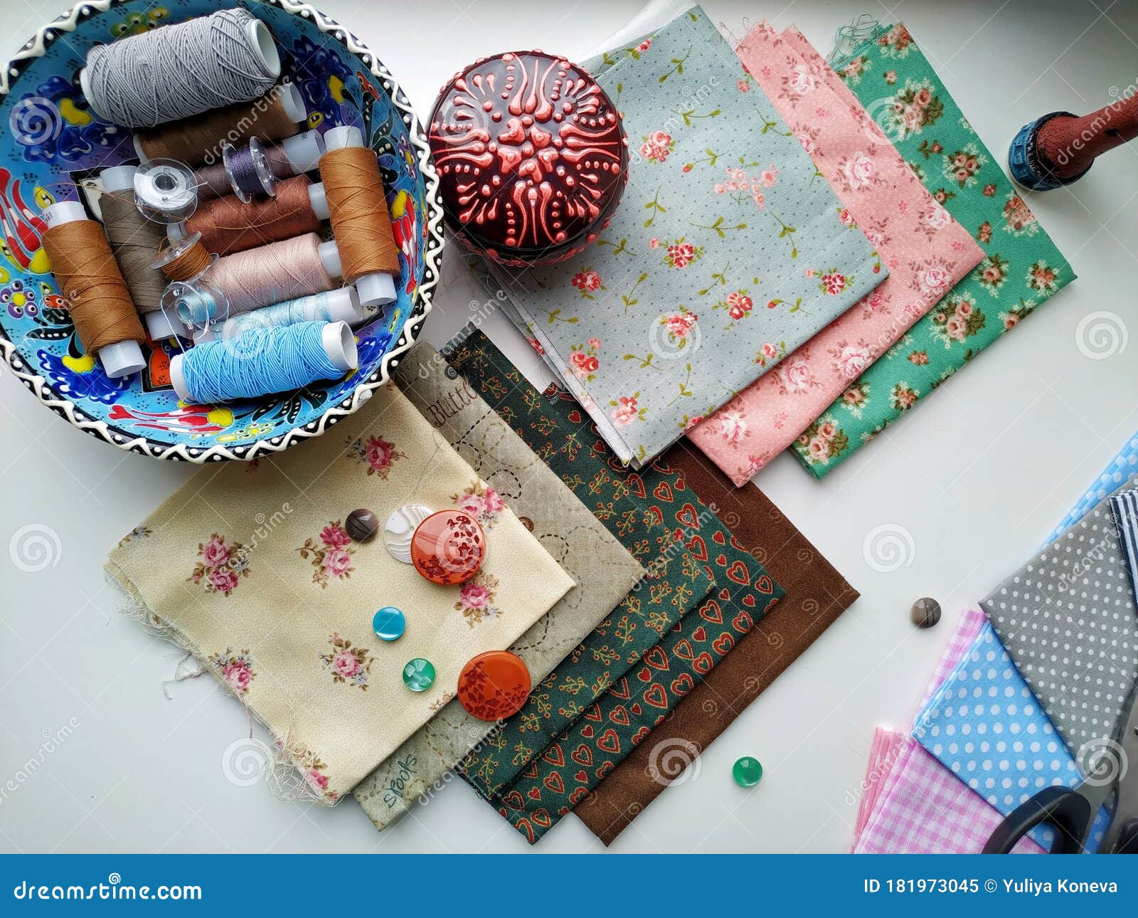 Cotton Fabric in Different Colors and Accessories for Cutting and Sewing Stock Image Image of