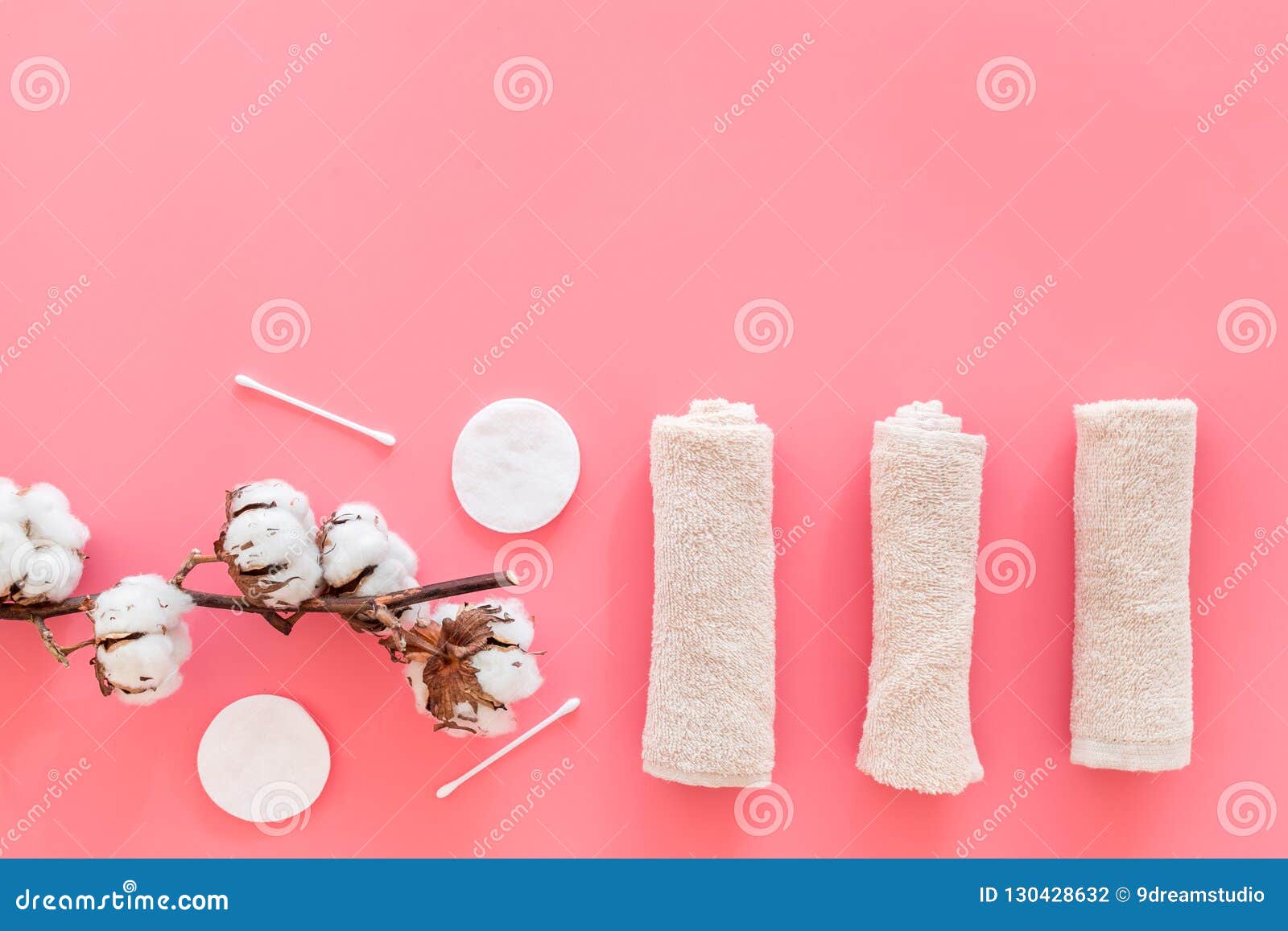 Download Cotton Hygiene Products. Cotton Pads And Swabs, Towels Twisted Coil Near Dry Cotton Flowers On ...