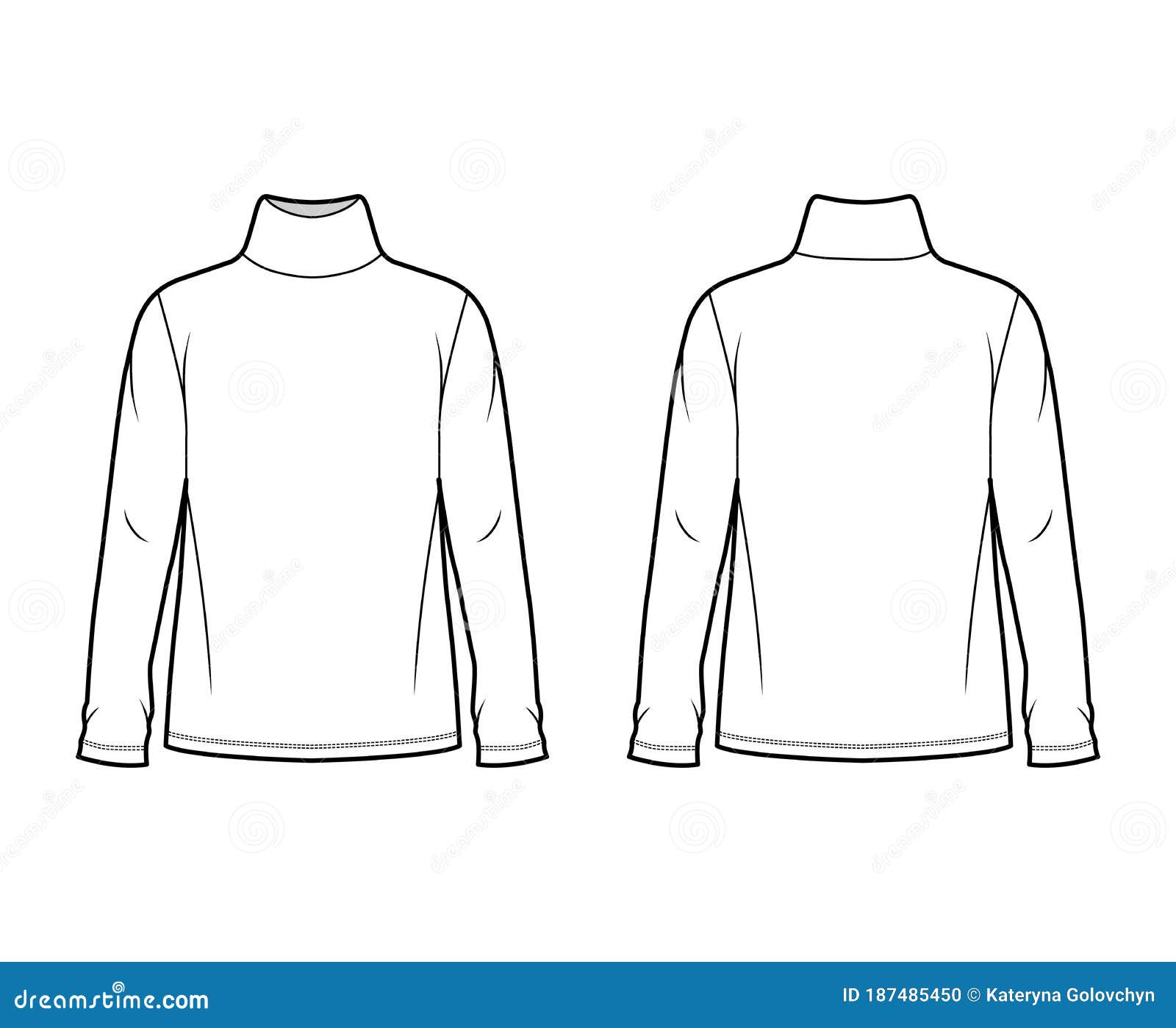 Crop Turtleneck Sweater fashion technical drawing template. unisex  Sweatshirt template, front, and back view, white color, knitted collar, and  hem. Women's fashion CAD mock-up. Stock-Vektorgrafik | Adobe Stock