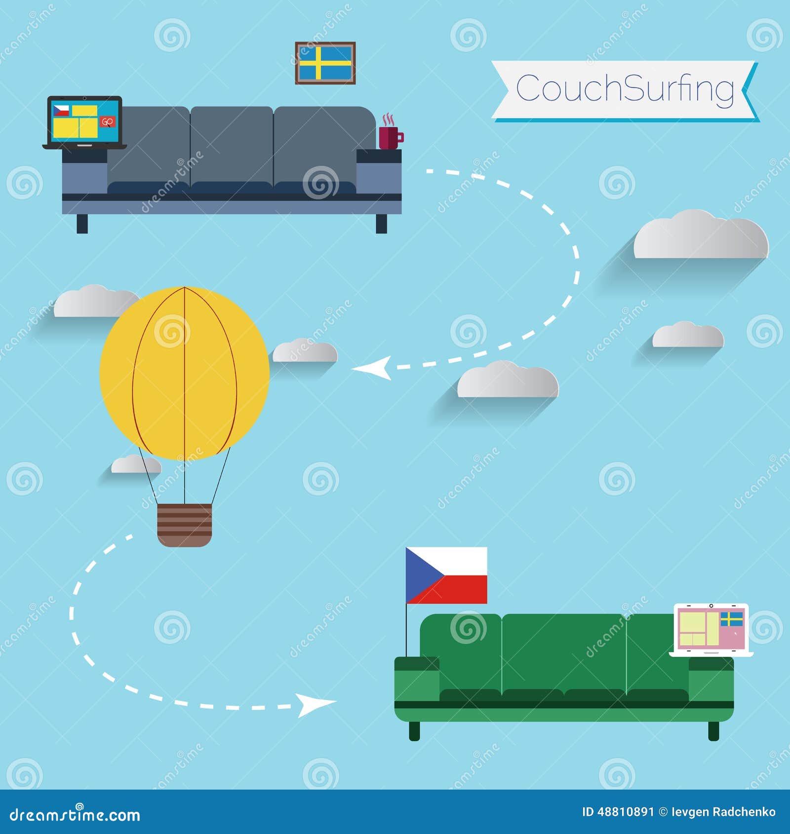 Couch Surfing Concept. Share Your Sofa. Stock Illustration