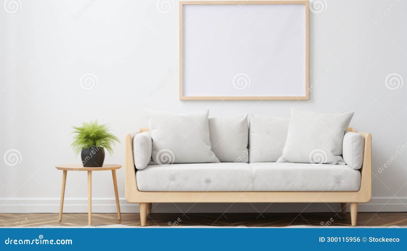 white sofa mockup with wooden frame and potted plant