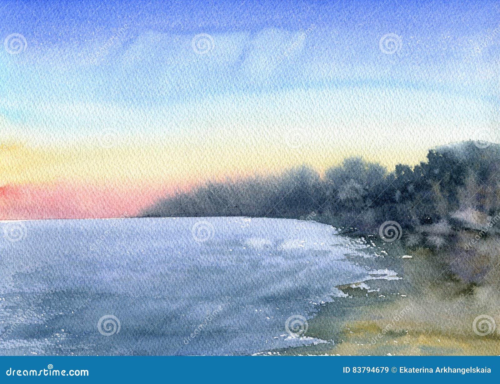 Coucher Du Soleil Daquarelle En Mer Illustration Stock