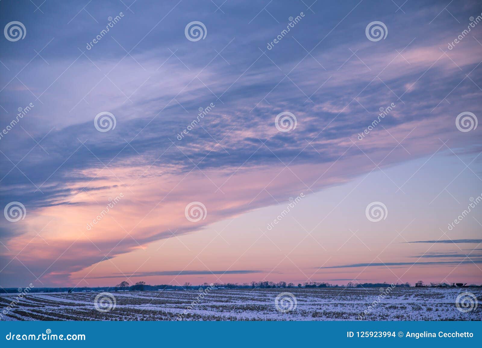 Coucher du soleil d'hiver au-dessus des champs de maïs américains de Milou en hiver avec le ciel nuageux