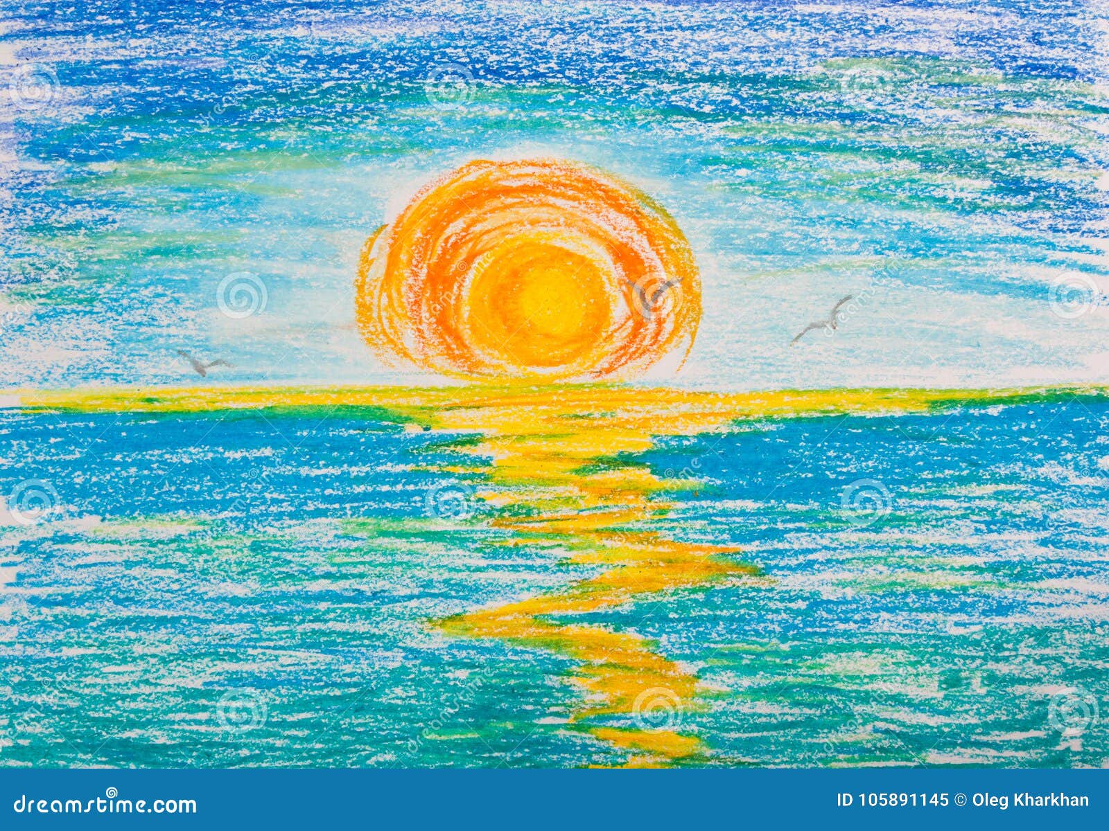Coucher Du Soleil Sur La Mer Avec Des Mouettes Illustration