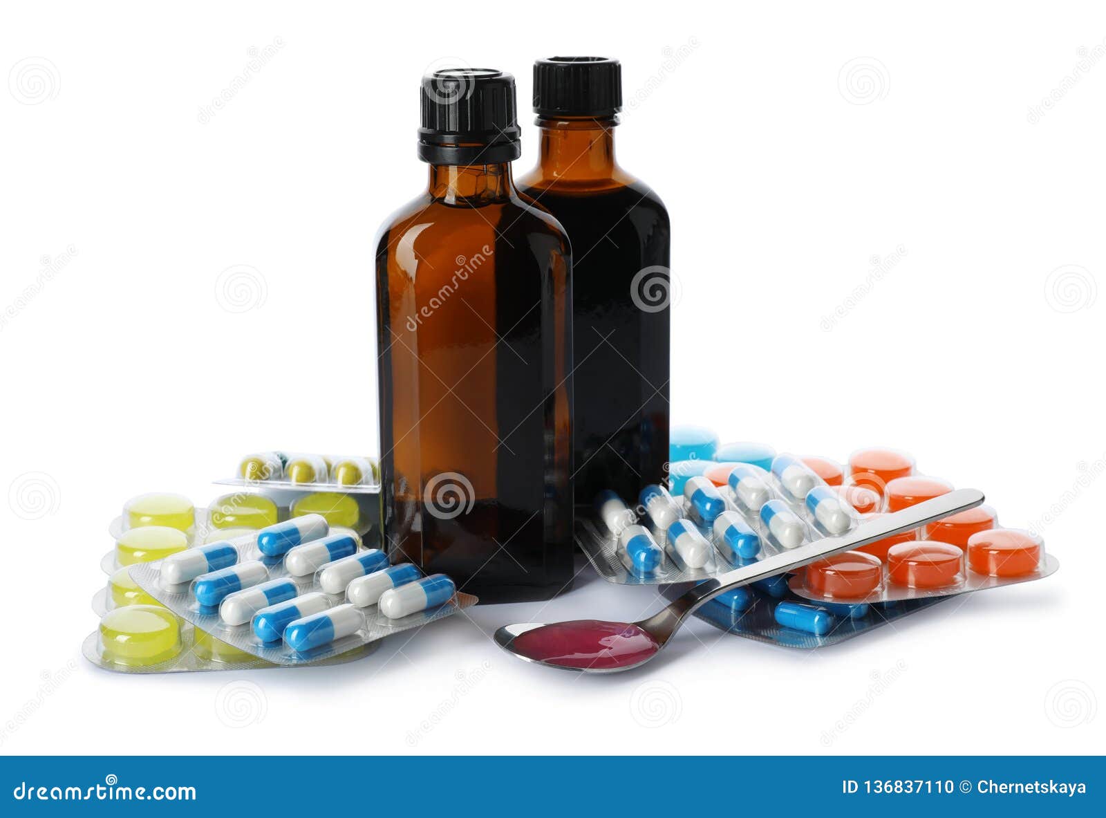 Cough Syrup and Different Pills Isolated on White Stock Photo Image of isolated, brown 136837110