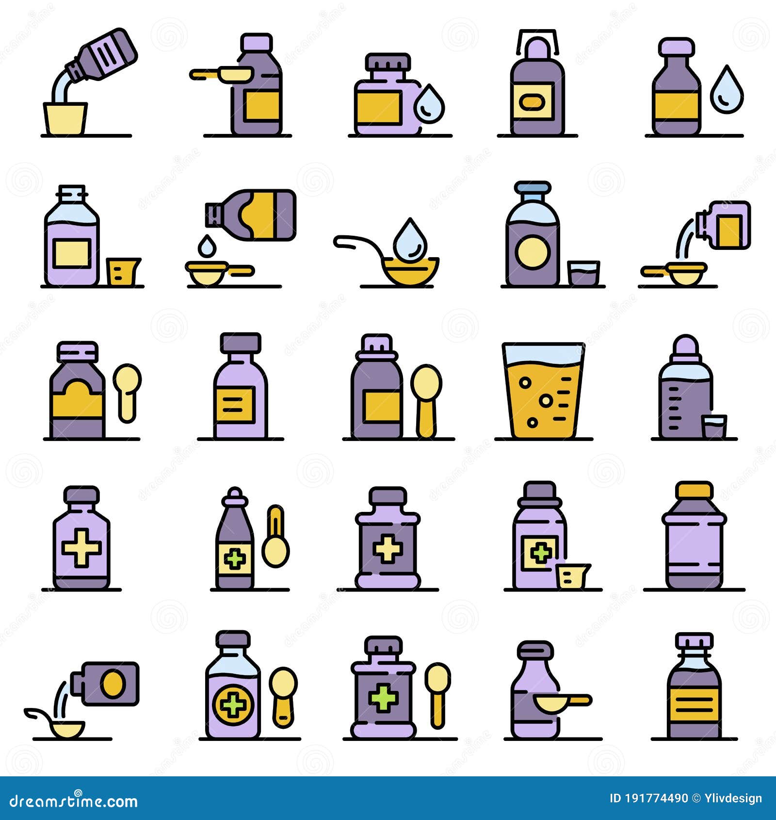 Medicated Syrup, Cough Syrup / Brown Color Bottle With Liquid And A Spoon. Bottle With Label