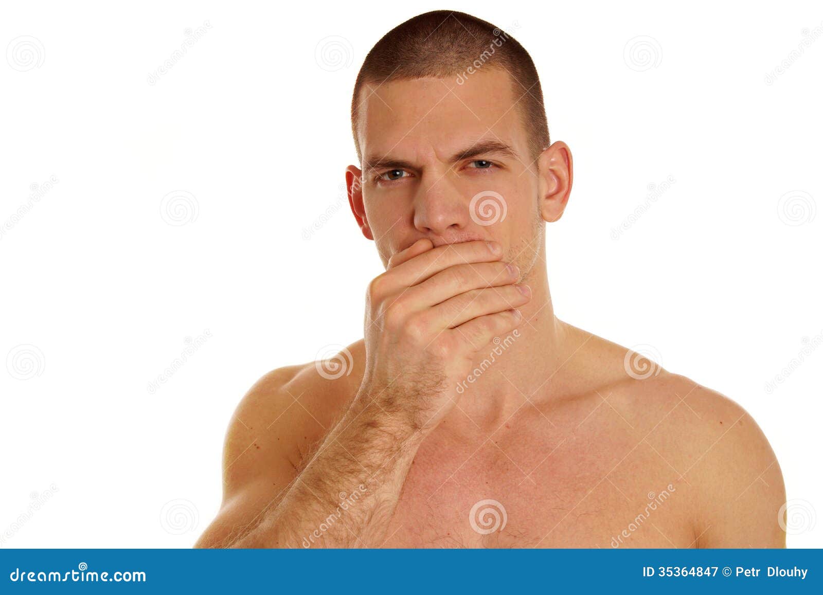 Coughing Shirtless Young Man Stock Image Image of hair, person 35364847