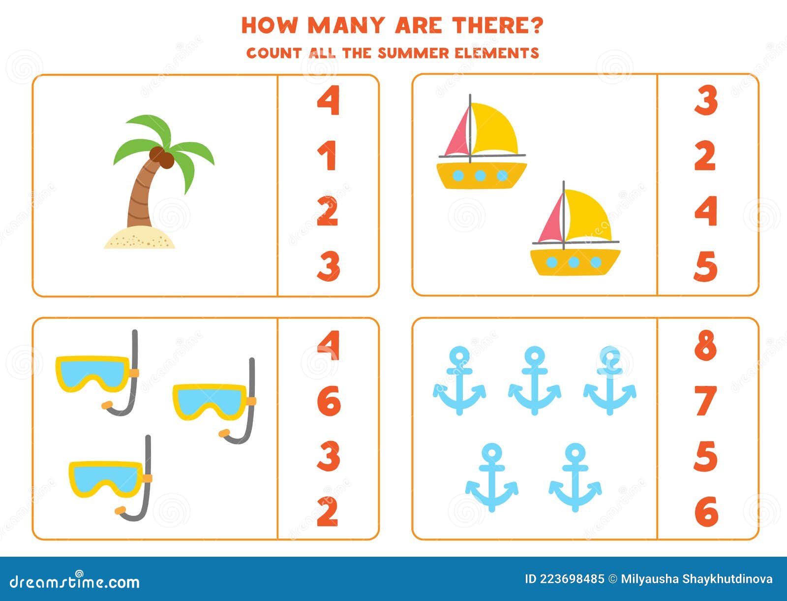 Counting Game with Cartoon Summer Elements. Math Worksheet. Stock Vector - Illustration of game, weather: 223698485 Counting Game with Cartoon Summer Elements. Math Worksheet. Stock Vector - Illustration of game, weather: 223698485