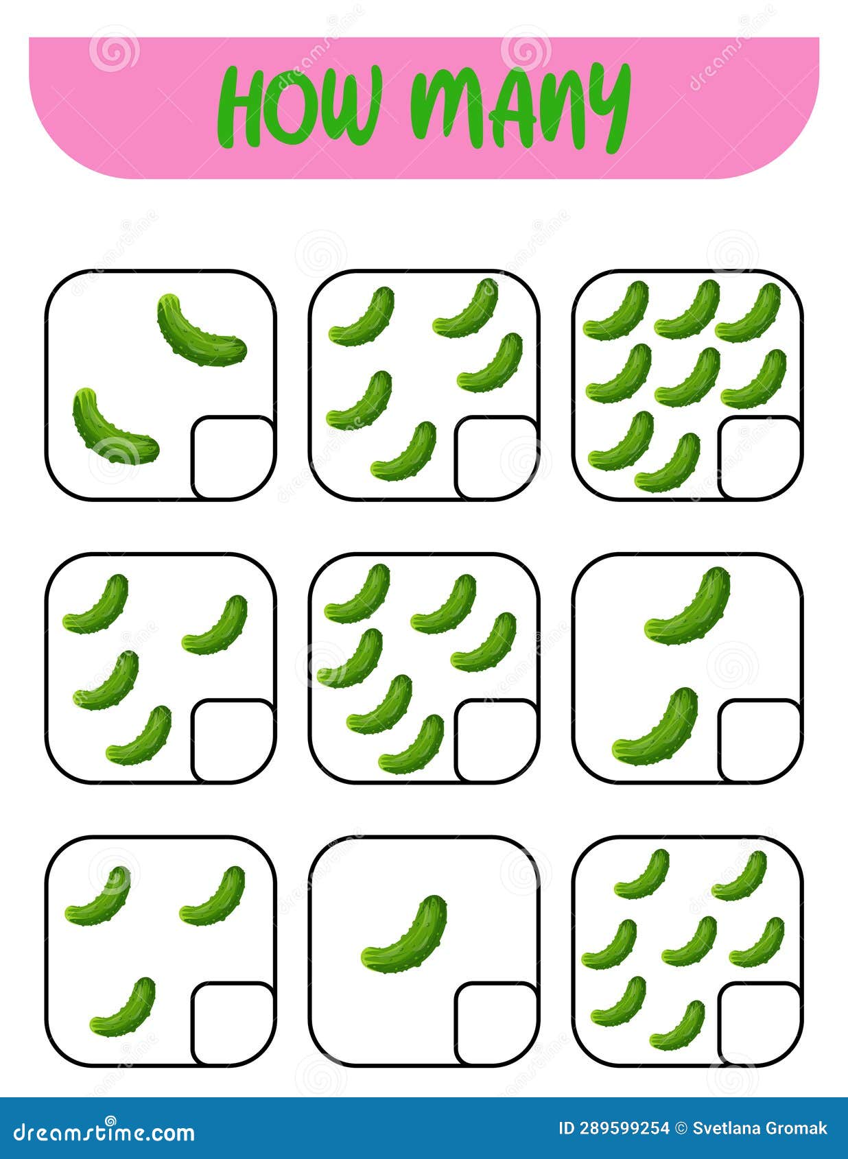 Count How Many Cucumbers. Educational Game for Preschoolers. Stock