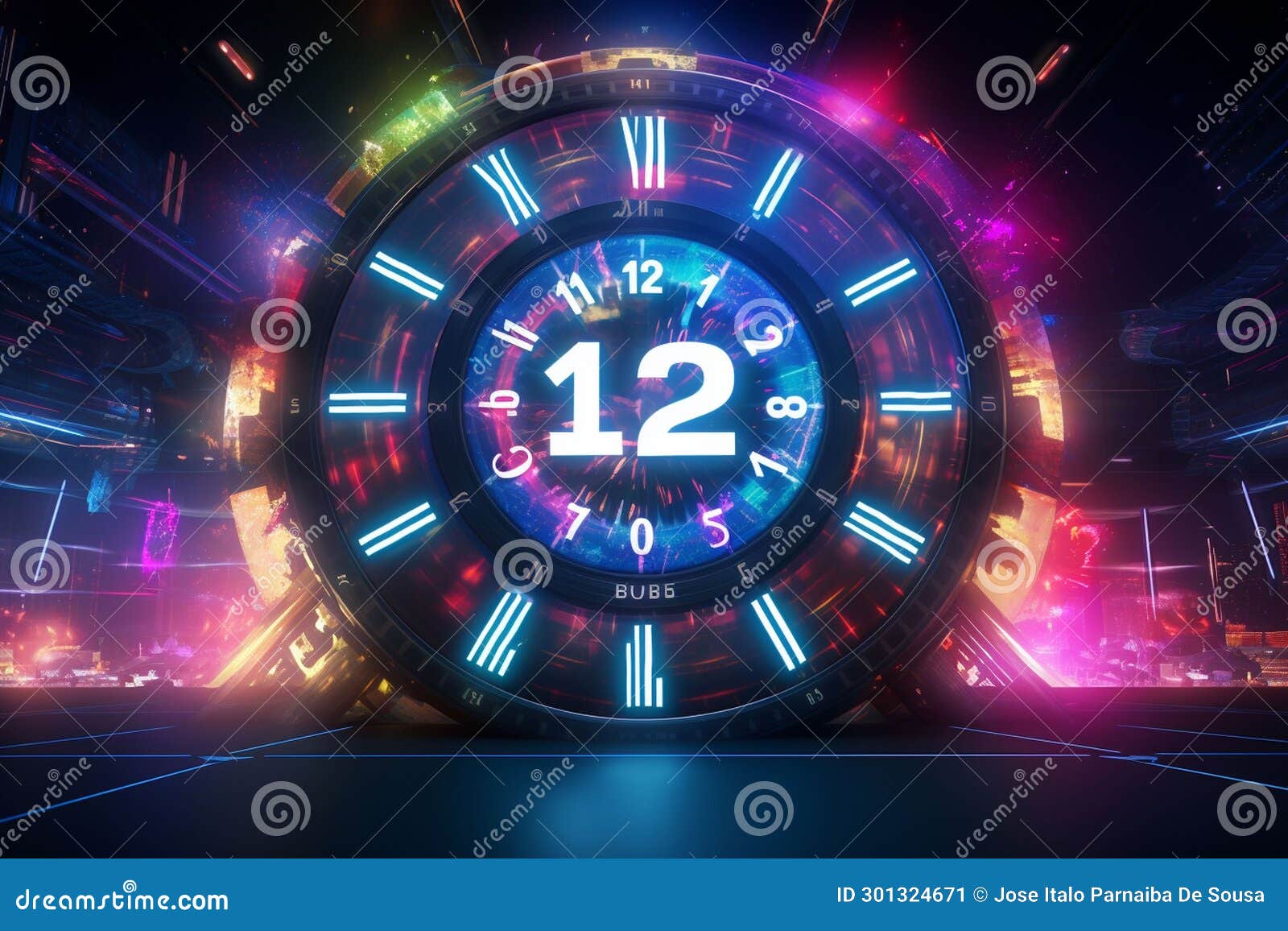 Countdown Clock Striking Midnight at a Vibrant Stock Illustration