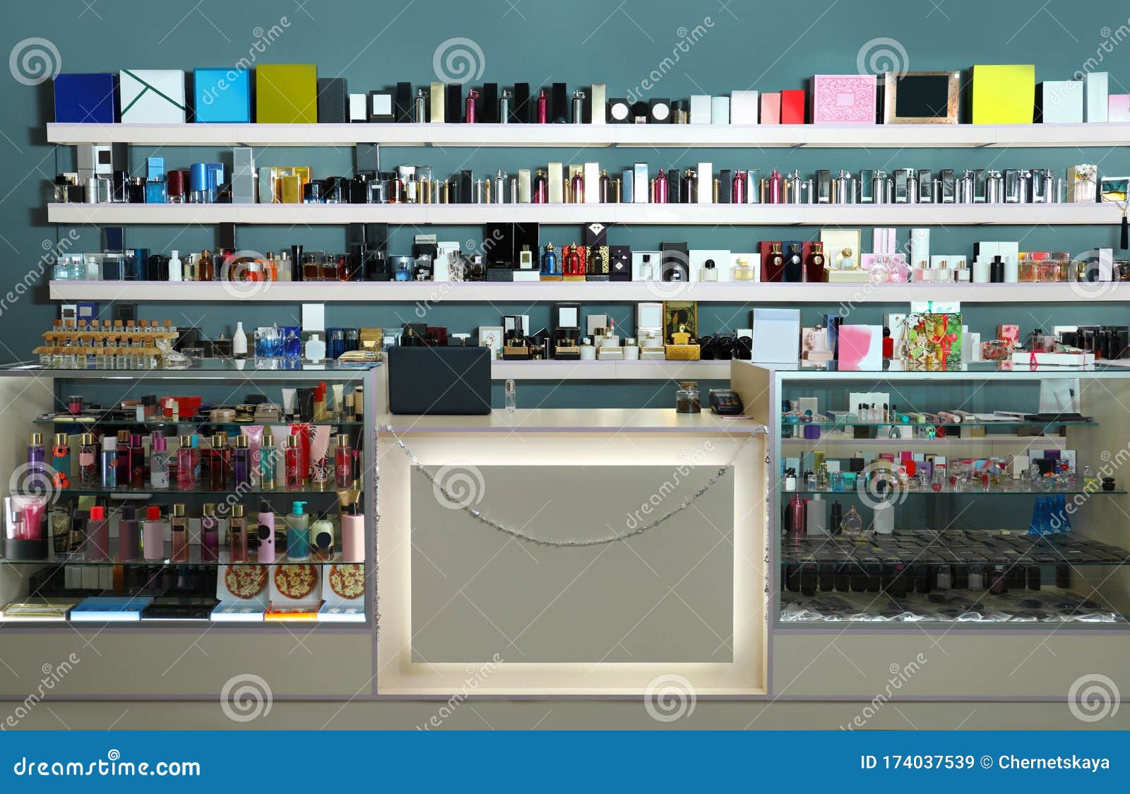 Counter and Shelves with Perfume Bottles in Shop Stock Image Image of