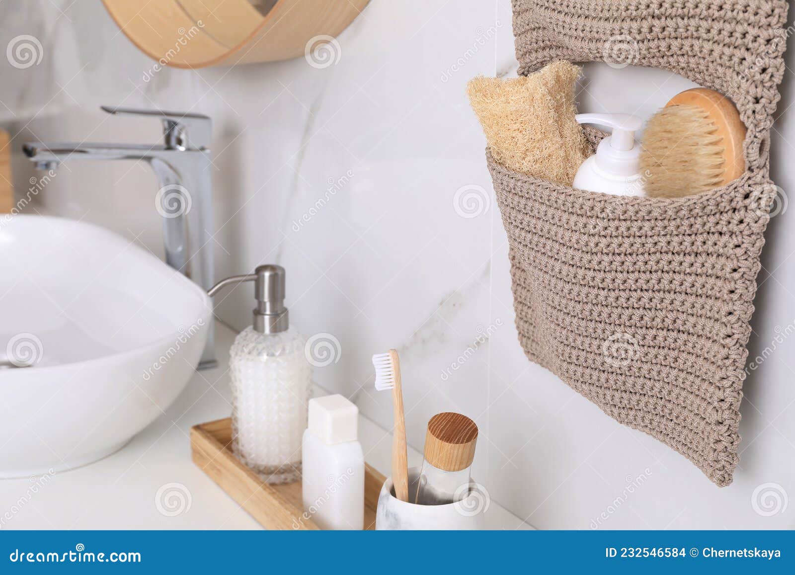 Countertop and Storage with Essentials in Bathroom. Stylish Accessory ...