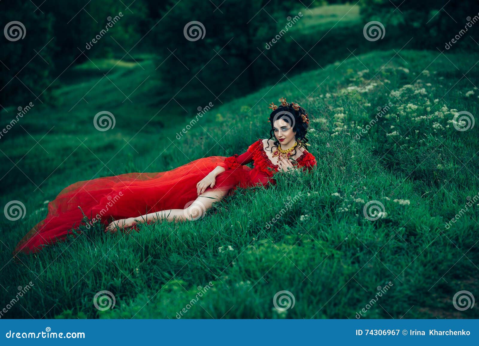 countess in a long red dress