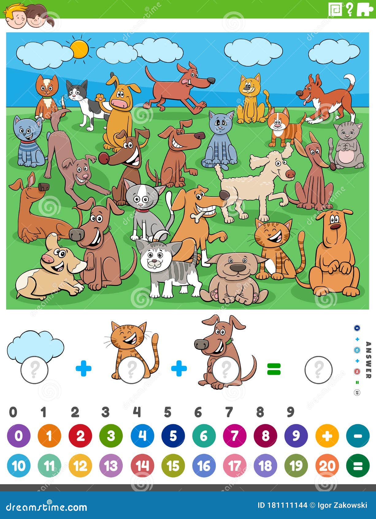 Counting and Adding Task with Cartoon Pet Animals Stock Vector -  Illustration of activity, cartoon: 181111144